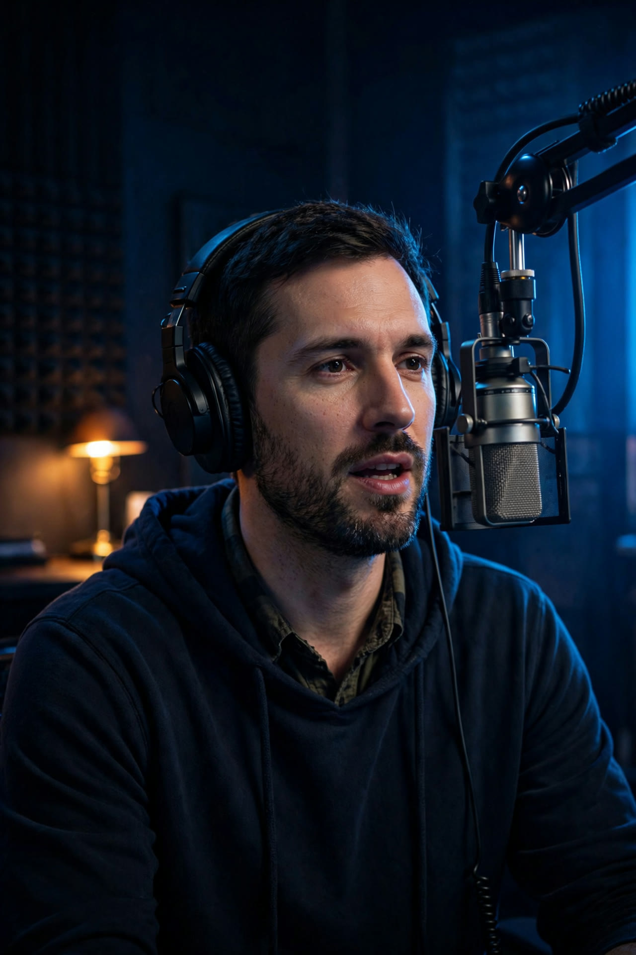 Podcast host speaking into a studio microphone